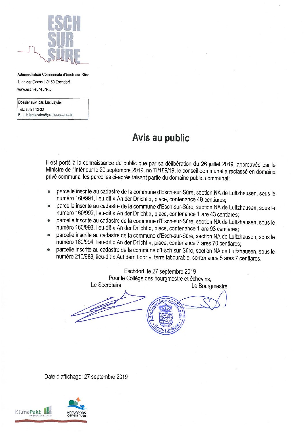 2019.09.27_Avis au public - Reclassement de parcelles-Section NA de Lultzhausen