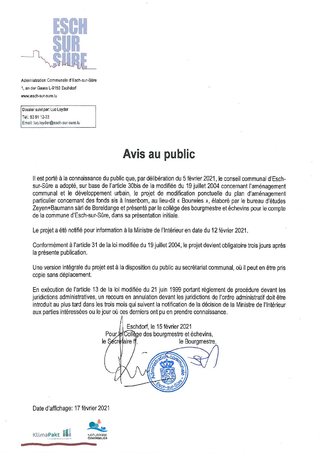 2021.02.17_Avis au public-Adoption du PAP concernant des fonds sis à Insenborn (Bourwies)