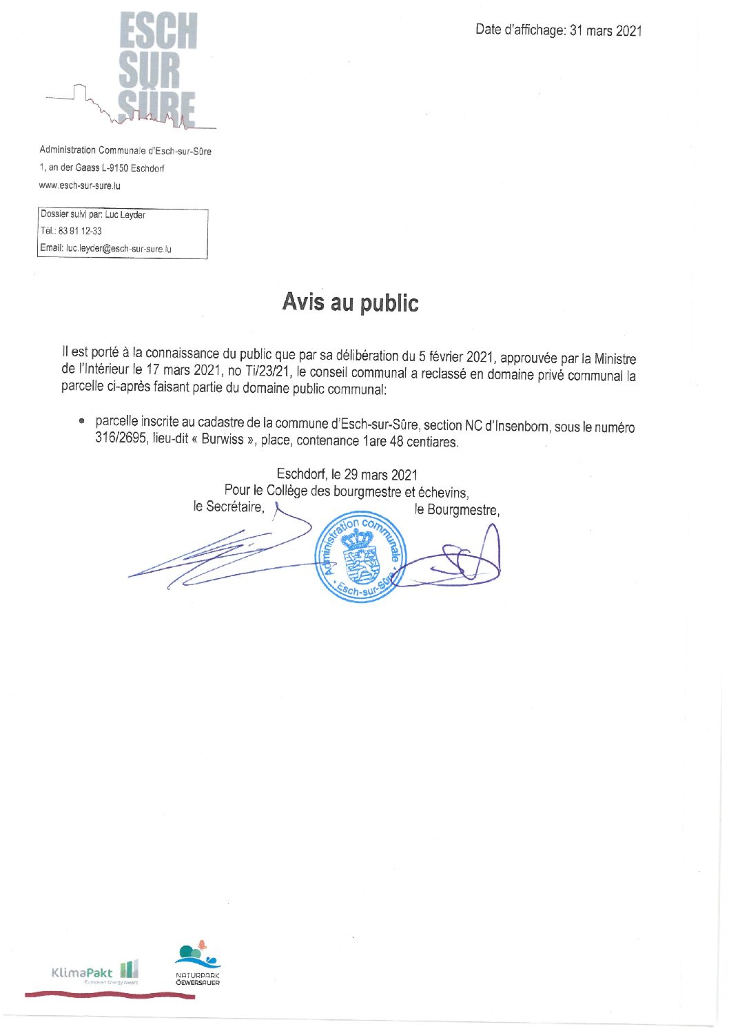 2021.03.31_Avis au public - Reclassement parcelle section NC d'Insenborn (Burwiss)