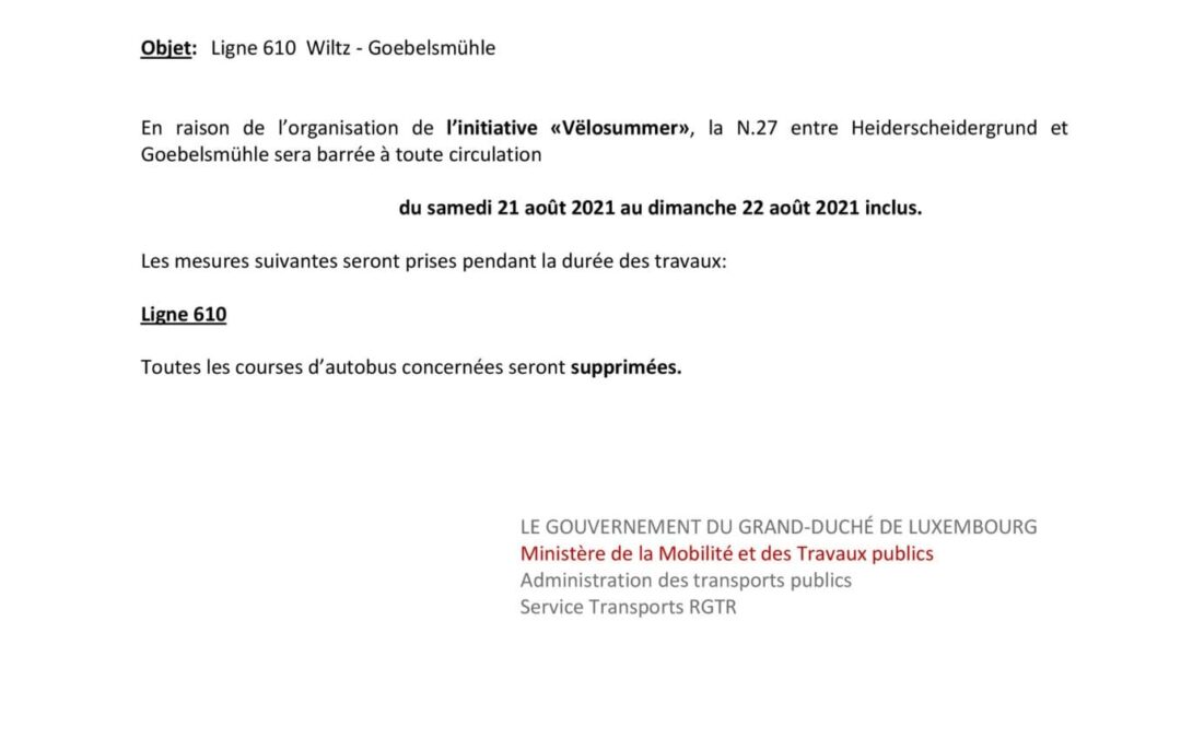 Avis RGTR «Vëlosummer» du samedi 21 août 2021 au dimanche 22 août 2021 inclus