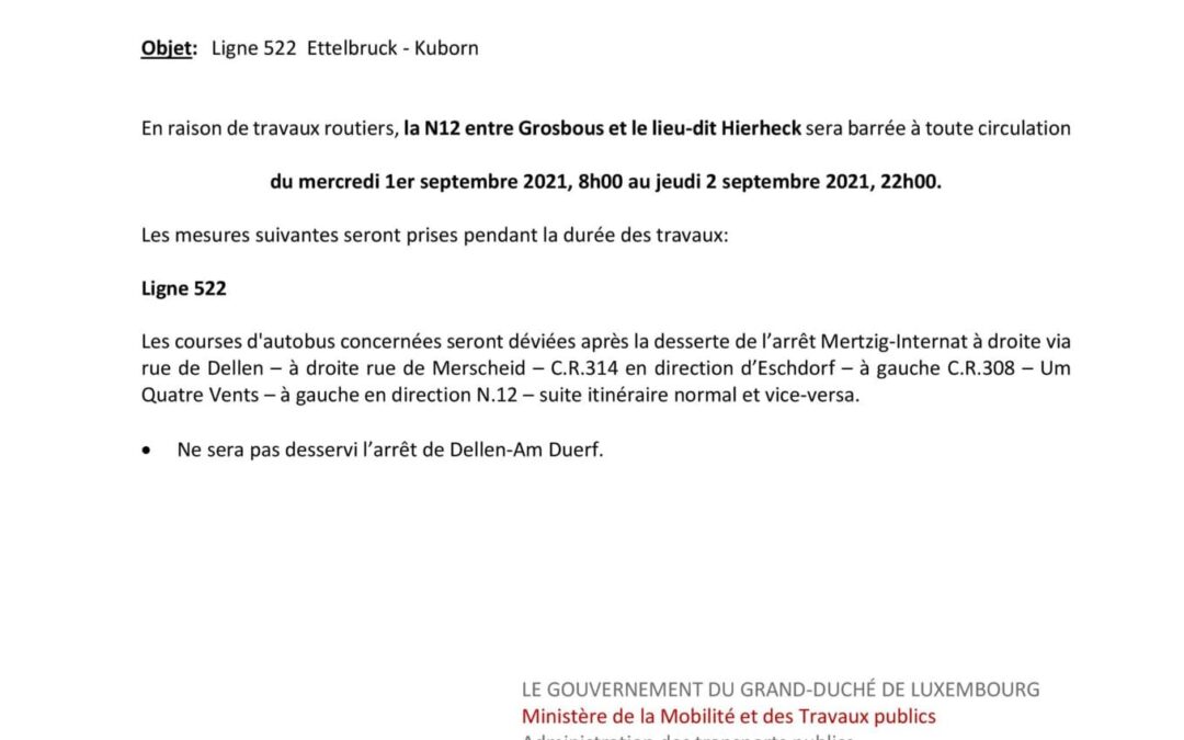 Avis RGTR (N12 entre Grosbous et Hierheck) du mercredi 1er septembre 2021 à 8h00 au jeudi 2 septembre 2021 à 22h00