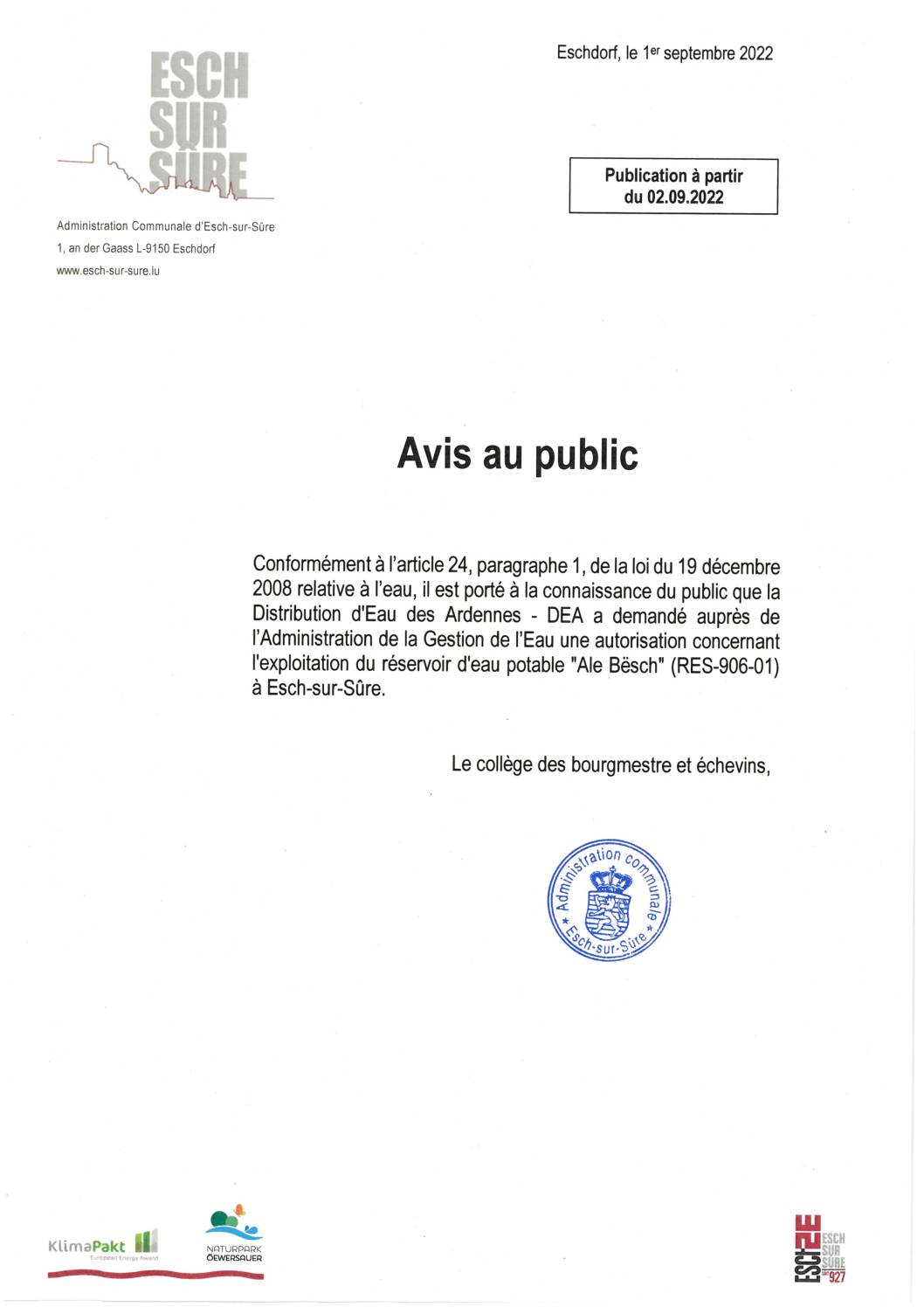 2022.09.02_Demande d'autorisation concernant l'exploitation du réservoir d'eau potable Ale Bësch (RES-906-01) à Esch-sur-Sûre
