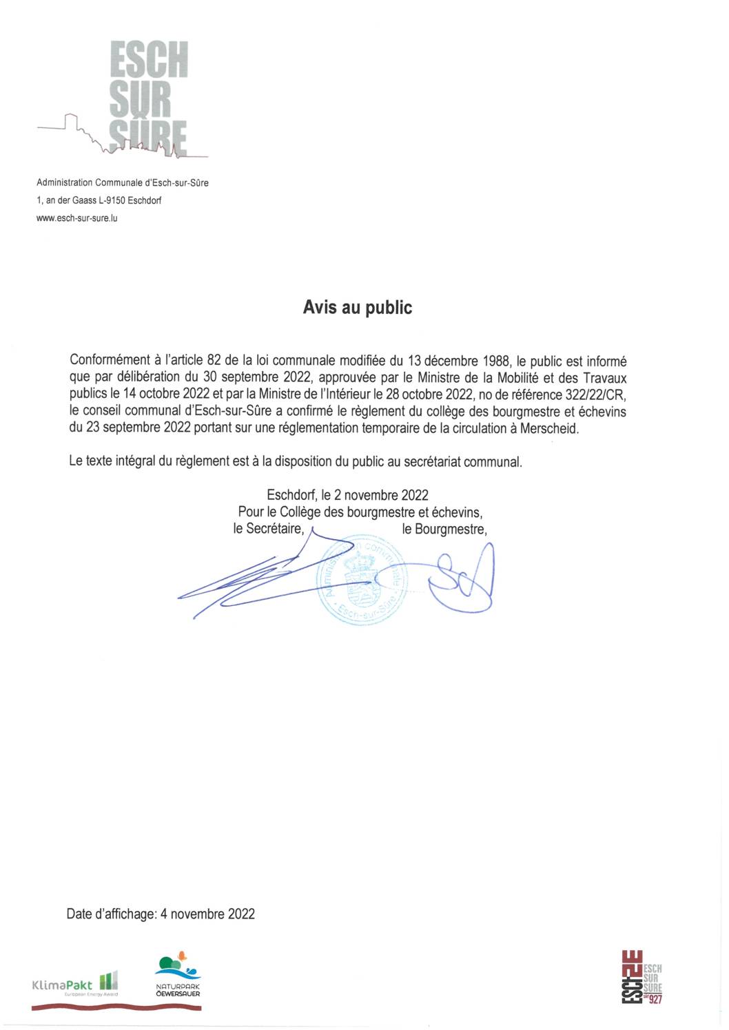 2022.11.04_Avis - Confirmation du règlement du collège des bourgmestre et échevins du 23.09.2022