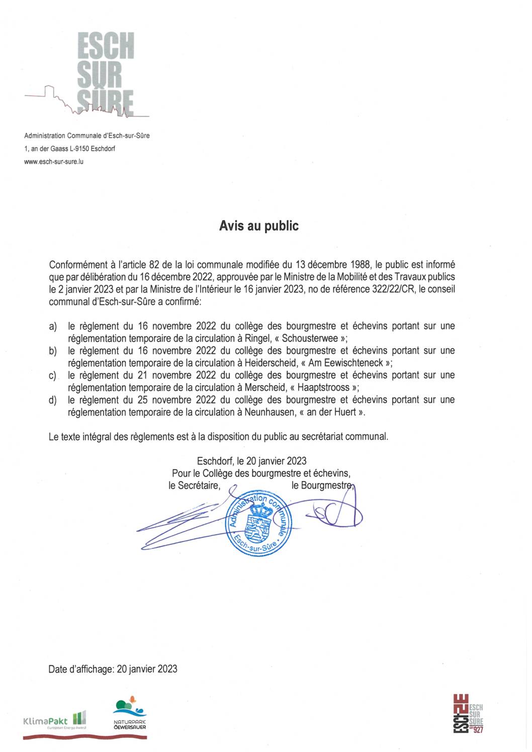2023.01.20_Avis - Confirmation des règlements du collège des bourgmestre et échevins du 16.11.2022, 21.11.2022 et du 25.11.2022