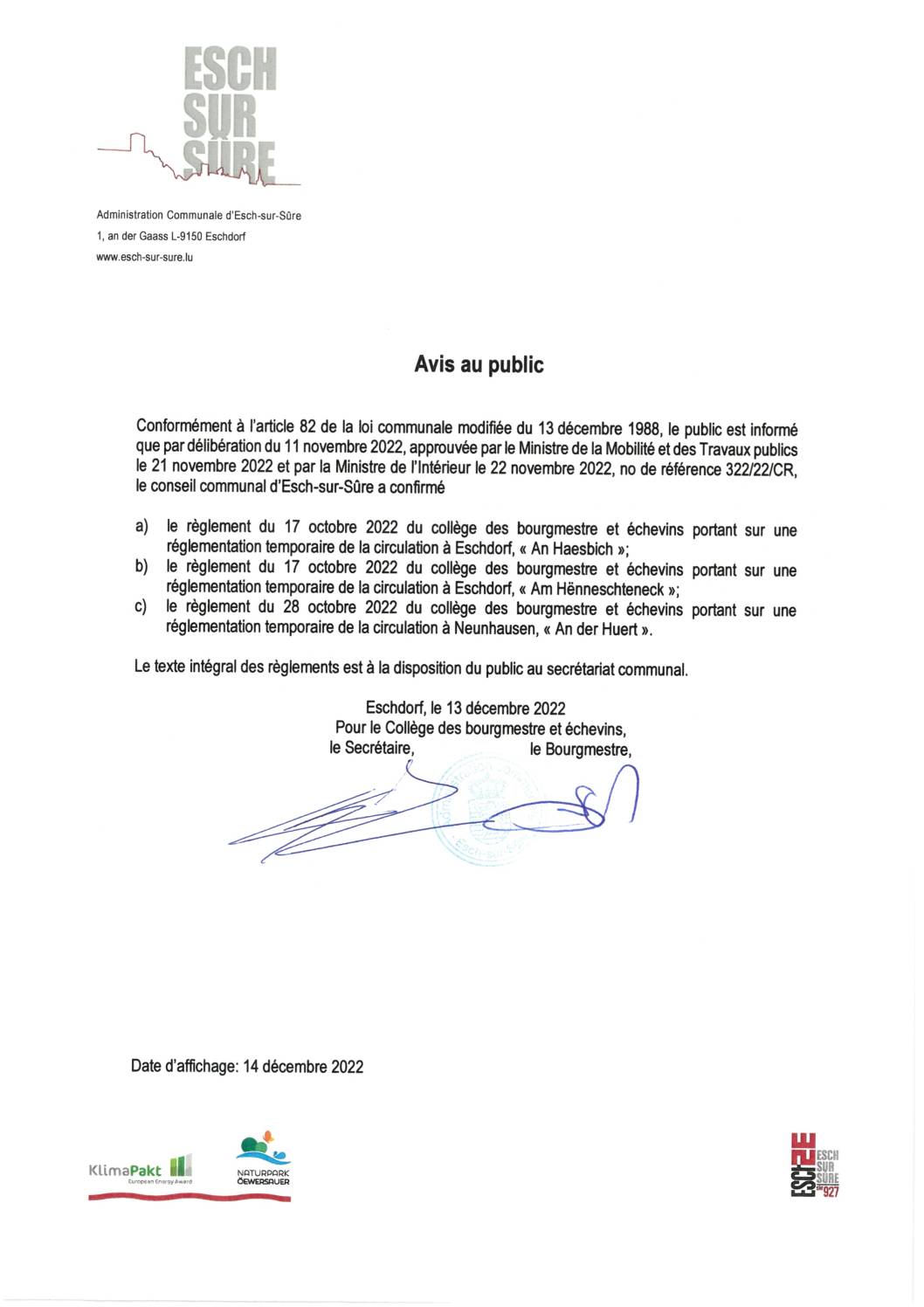 2022.12.14_Avis - Confirmation des règlements du collège des bourgmestre et échevins du 17.10.2022 et du 28.10.2022