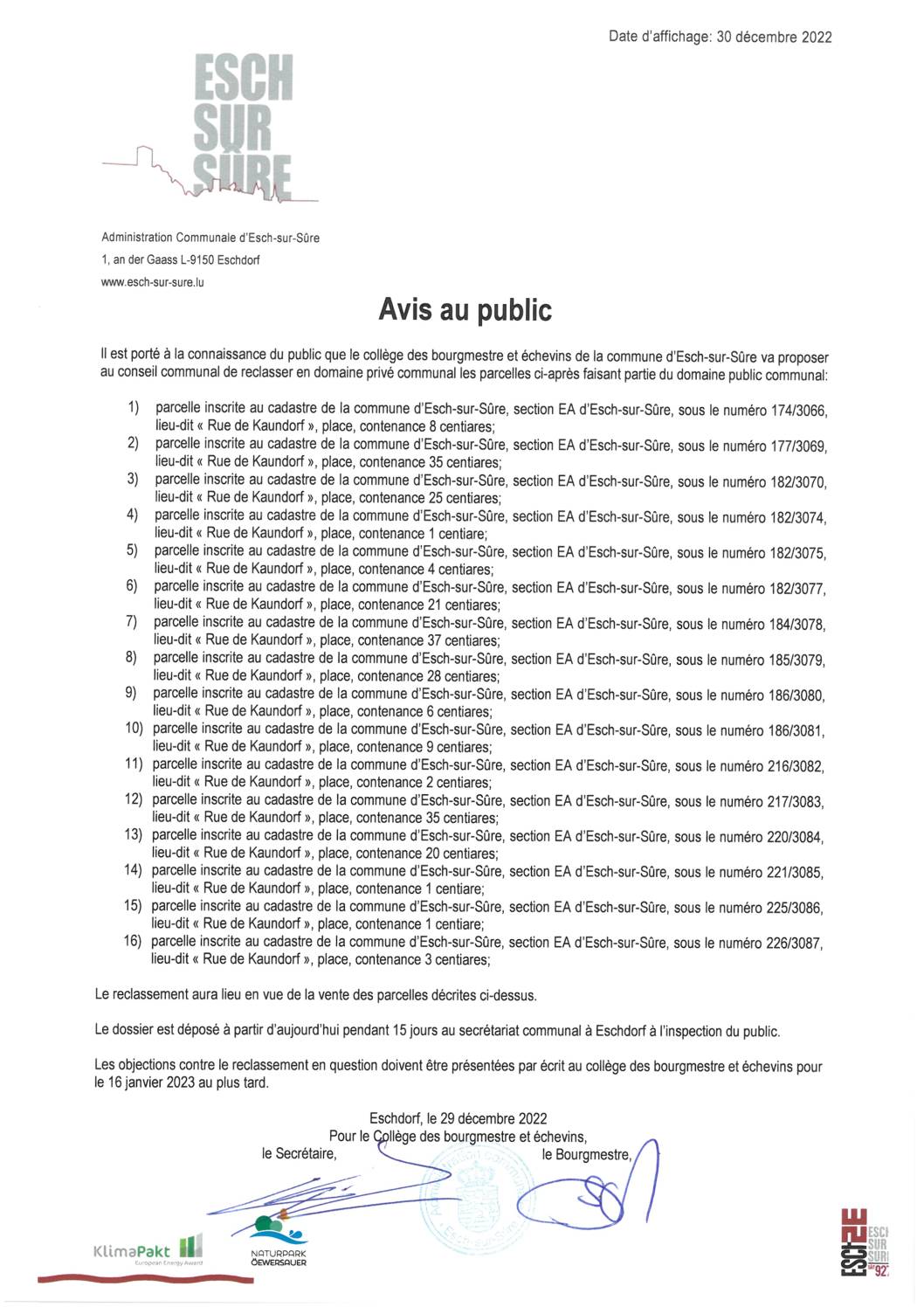 2022.12.30_Avis au public - Proposition de reclassement parcelles section EA d'Esch-sur-Sûre