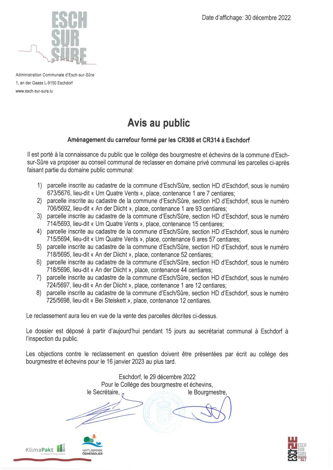 2022.12.30_Avis au public - Proposition de reclassement parcelles section HD d'Eschdorf