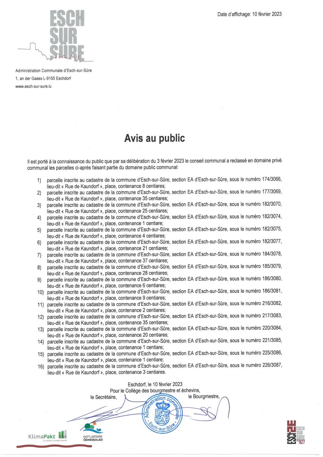 2023.02.10_Avis au public - Reclassement parcelles section EA d'Esch-sur-Sûre