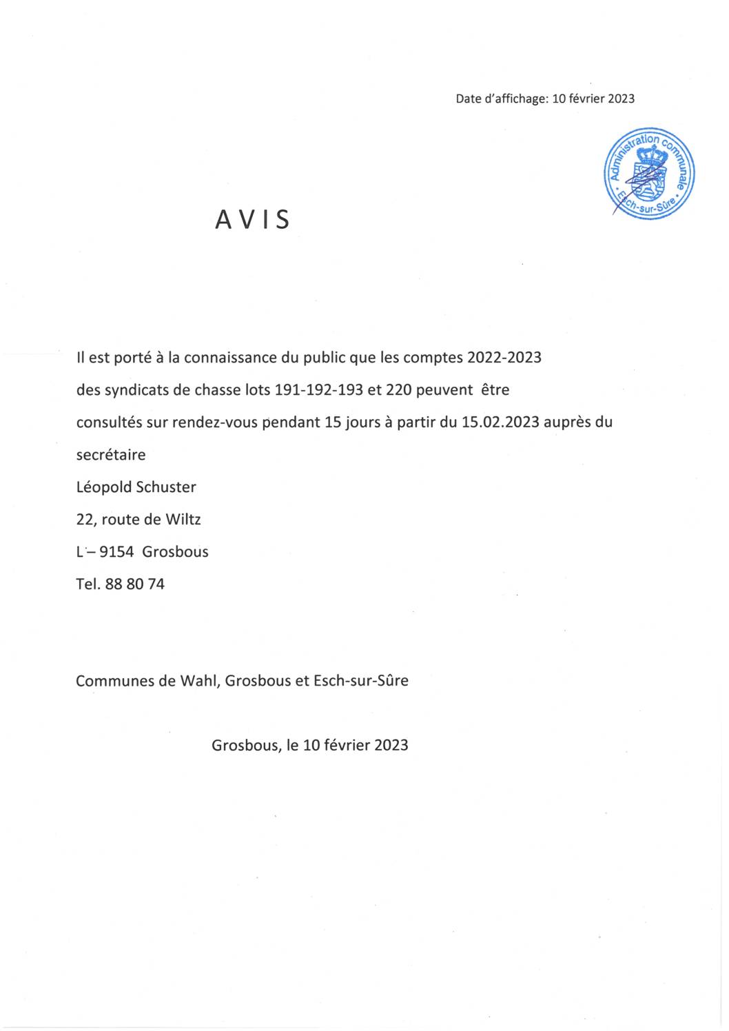 2023.02.10_Syndicat de Chasse, lot 191, 192,193 et 220 - Publication des comptes 2022-2023