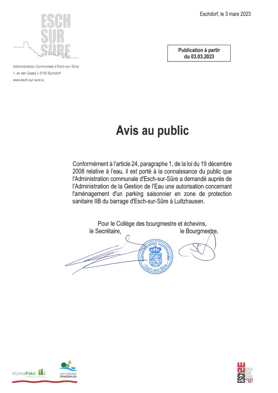 2023.03.03_Demande d'autorisation concernant l'aménagement d'un parking saisonnier en zone de protection sanitaire IIB du barrage d'Esch-sur-Sûre à Lultzhausen