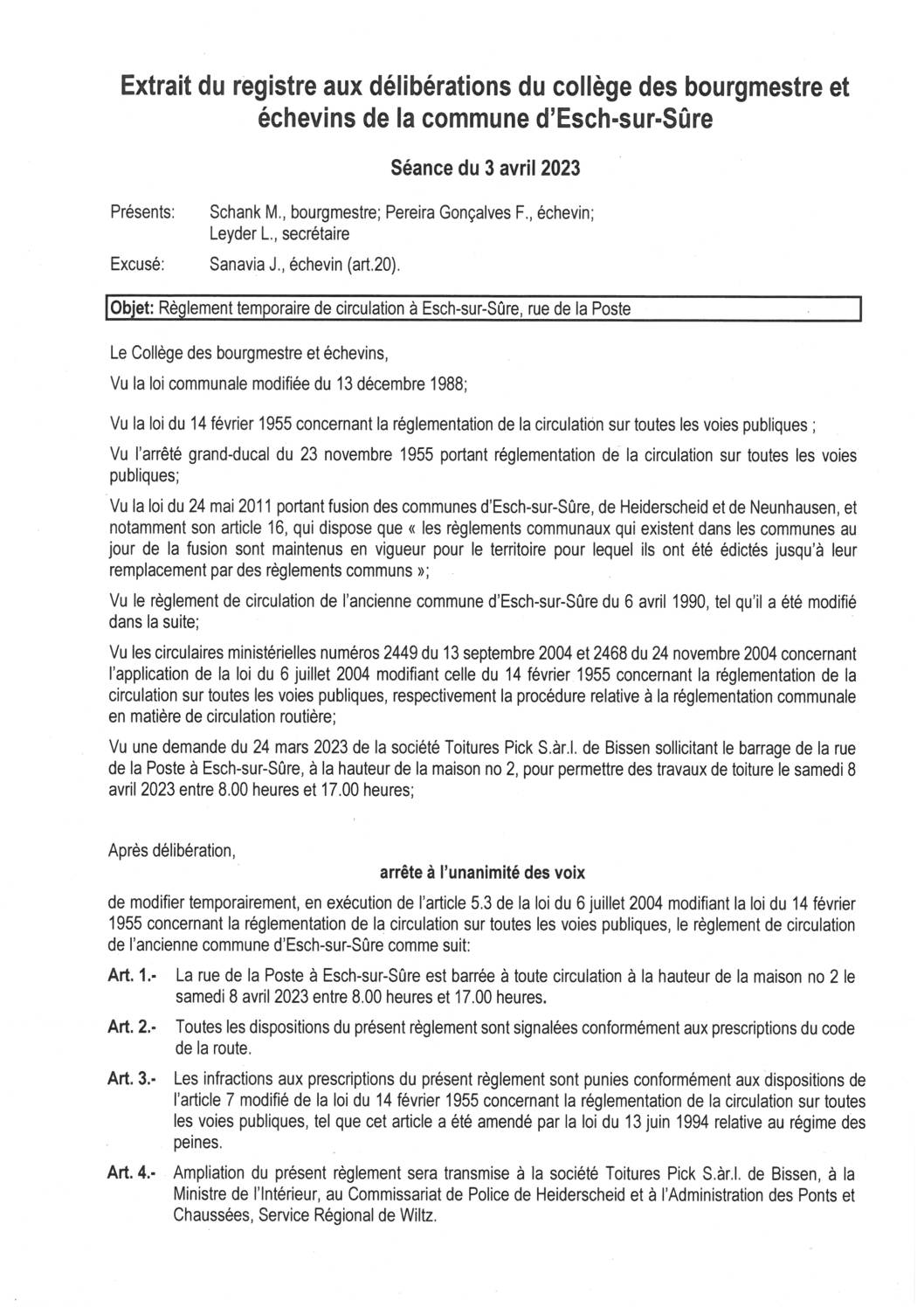 2023.04.05_Règlement temporaire de circulation à Esch-sur-Sûre (rue de la Poste) en date du 08.04.2023