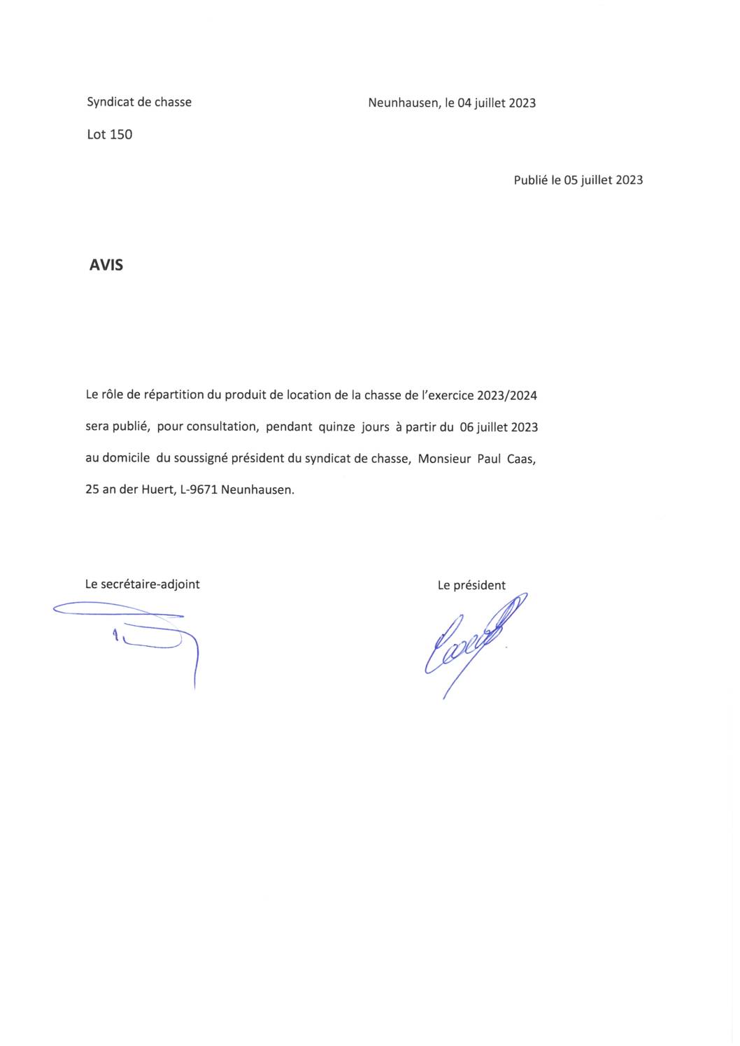 2023.07.05_Syndicat de Chasse, lot 150 - Publication des comptes 2022-2023