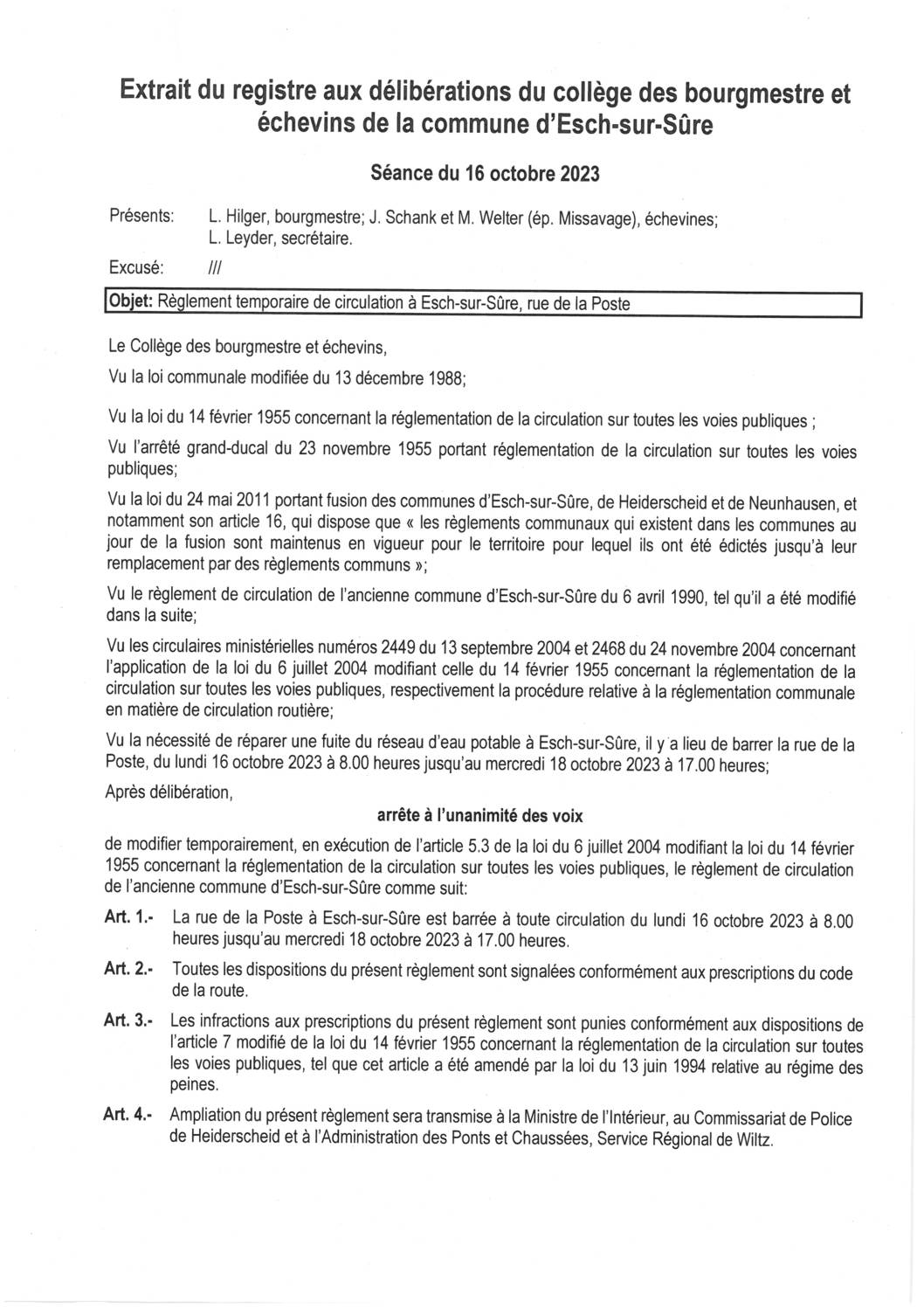 2023.10.18_Règlement temporaire de circulation à Esch-sur-Sûre (rue de la Poste) du 16.10 au 18.10.2023