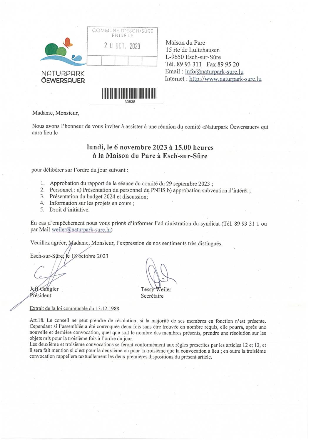 2023.10.25_Convocation comité Naturpark - Réunion du 06.11.2023