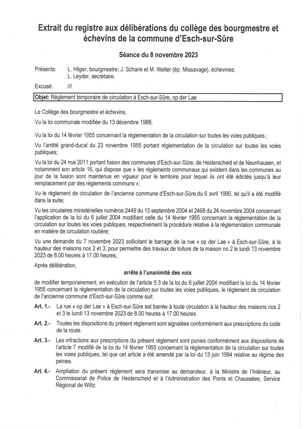 2023.11.10_Règlement temporaire de circulation à Esch-sur-Sûre (op der Lae) le 13.11.2023