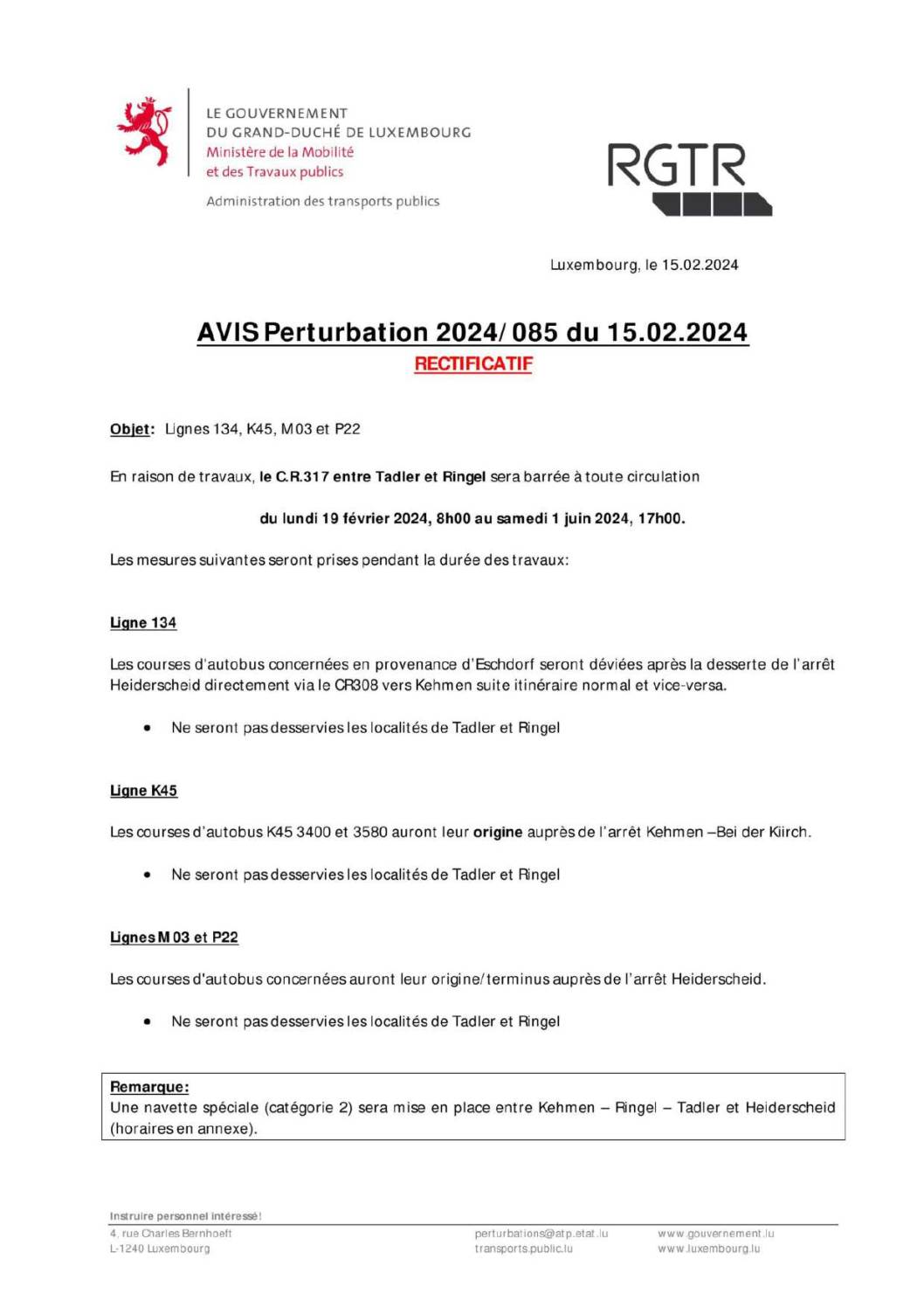 Perturbation 2024/085 - Lignes 134, K45, M03 & P22 (Période du 19.02.2024 au 01.06.2024)