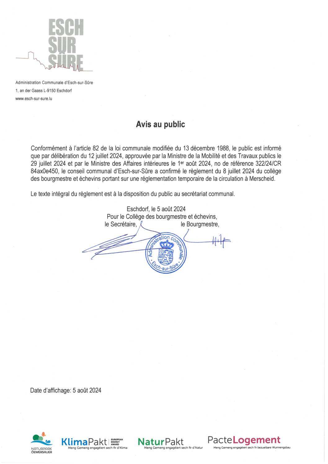 2024.08.05_Avis - Confirmation d'un règlement du collège des bourgmestre et échevins du 08.07.2024