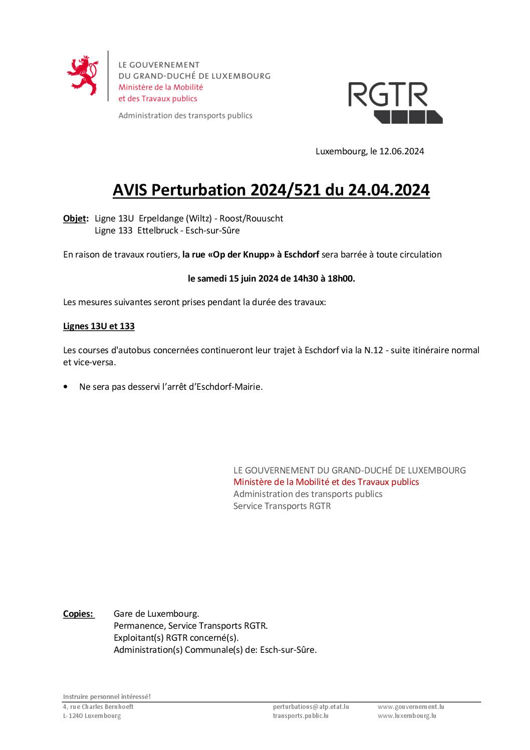 Perturbation 2024/521 – Lignes 13U & 133 (en date du 15.06.2024)