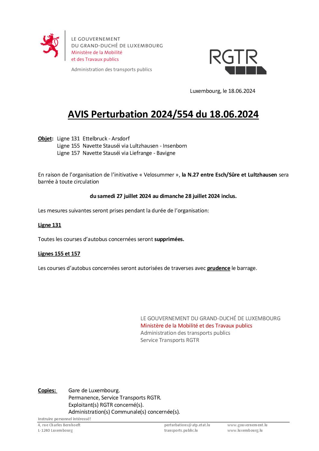 Perturbation 2024/554 – Lignes 131, 155 & 157 (du 27.07 au 28.07.2024 - Velosummer)