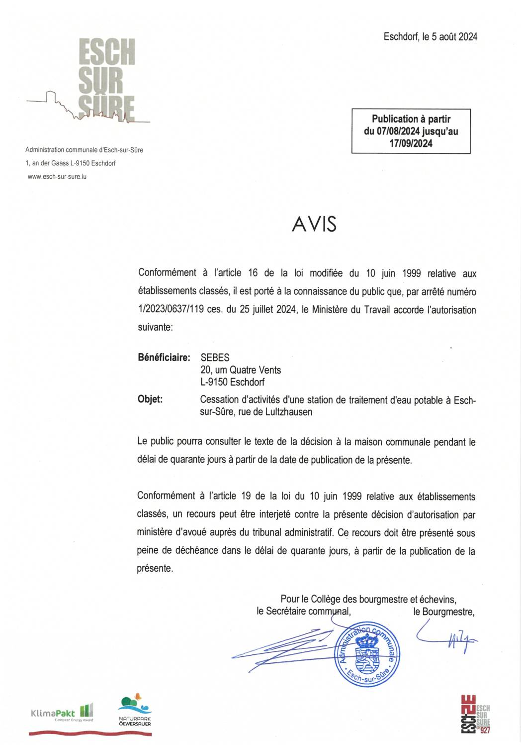 2024.08.07_Autorisation concernant la cessation d'activités d'une station de traitement d'eau potable à Esch-sur-Sûre