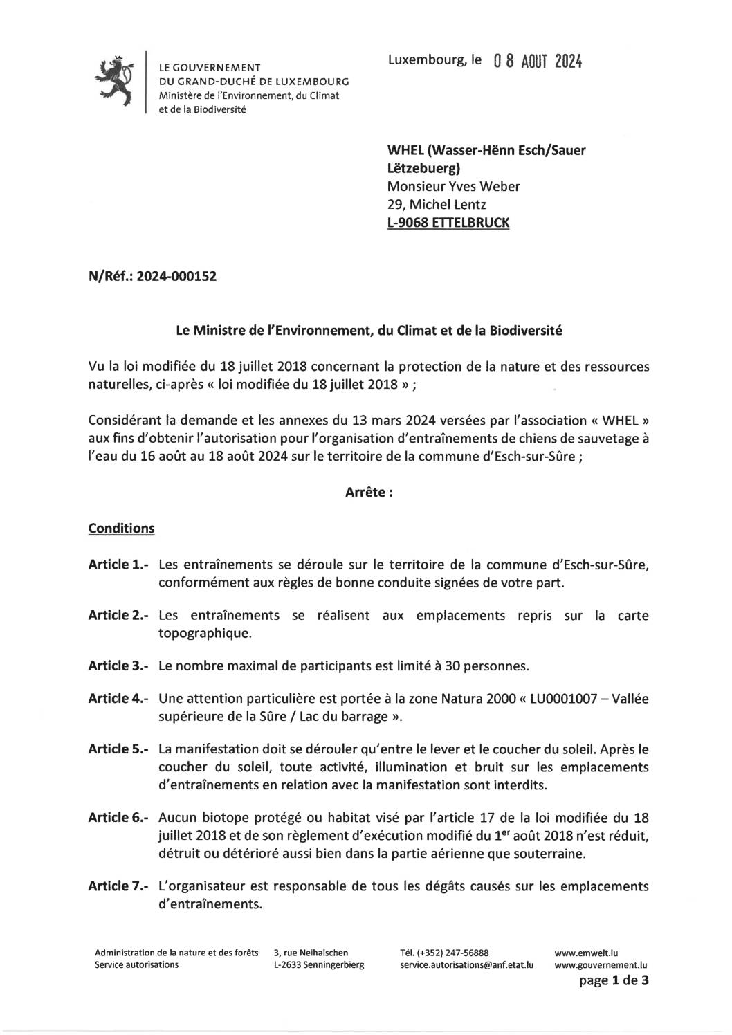 2024.08.09_Autorisation pour l'organisation d'entraînements de chien de sauvetage à l'eau du 16 août au 18 août 2024