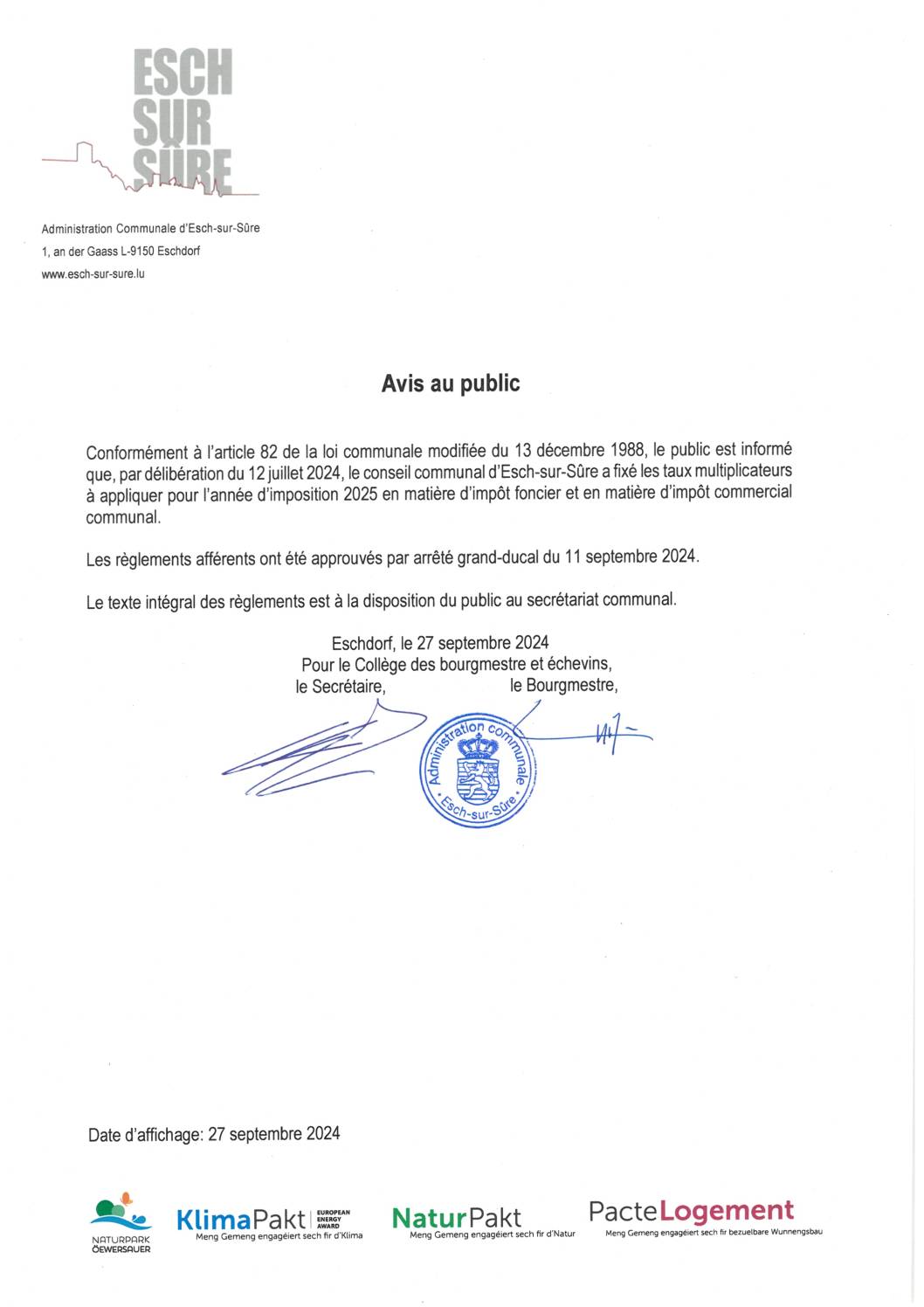 2024.09.27_Avis au public - Fixation des taux multiplicateurs à appliquer pour l'année d'imposition 2025 en matière d'impôt foncier et en matière d'impôt commercial communal