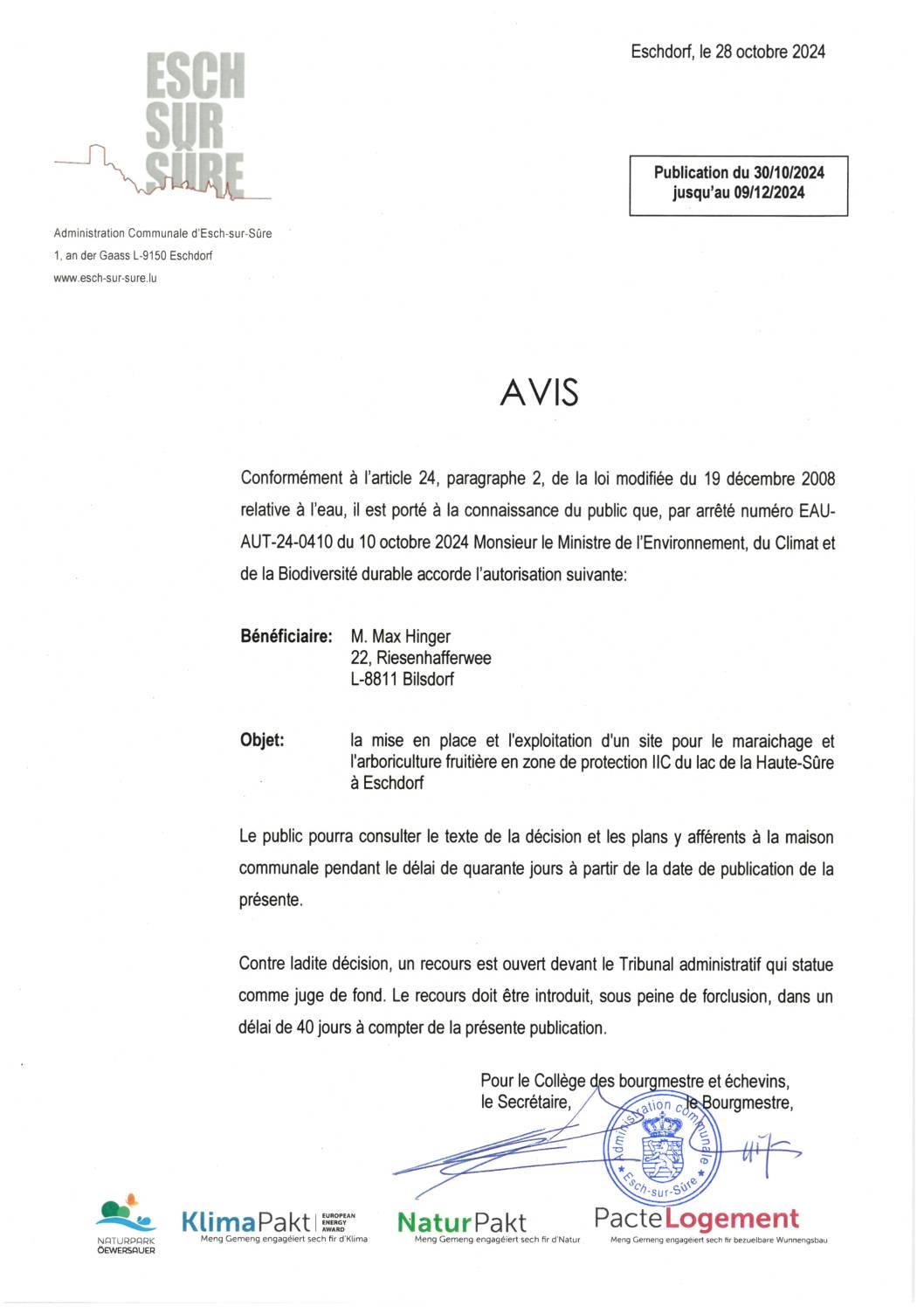 2024.10.30_Autorisation concernant la mise en place et l'exploitation d'un site pour le maraichage et l'arboriculture fruitière en zone de protection IIC du lac de la Haute-Sûre à Eschdorf