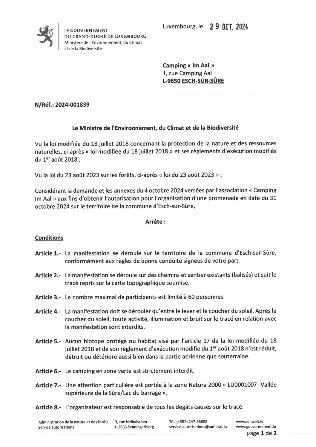 2024.10.30_Autorisation pour l'organisation d'une promenade en date du 31 octobre 2024