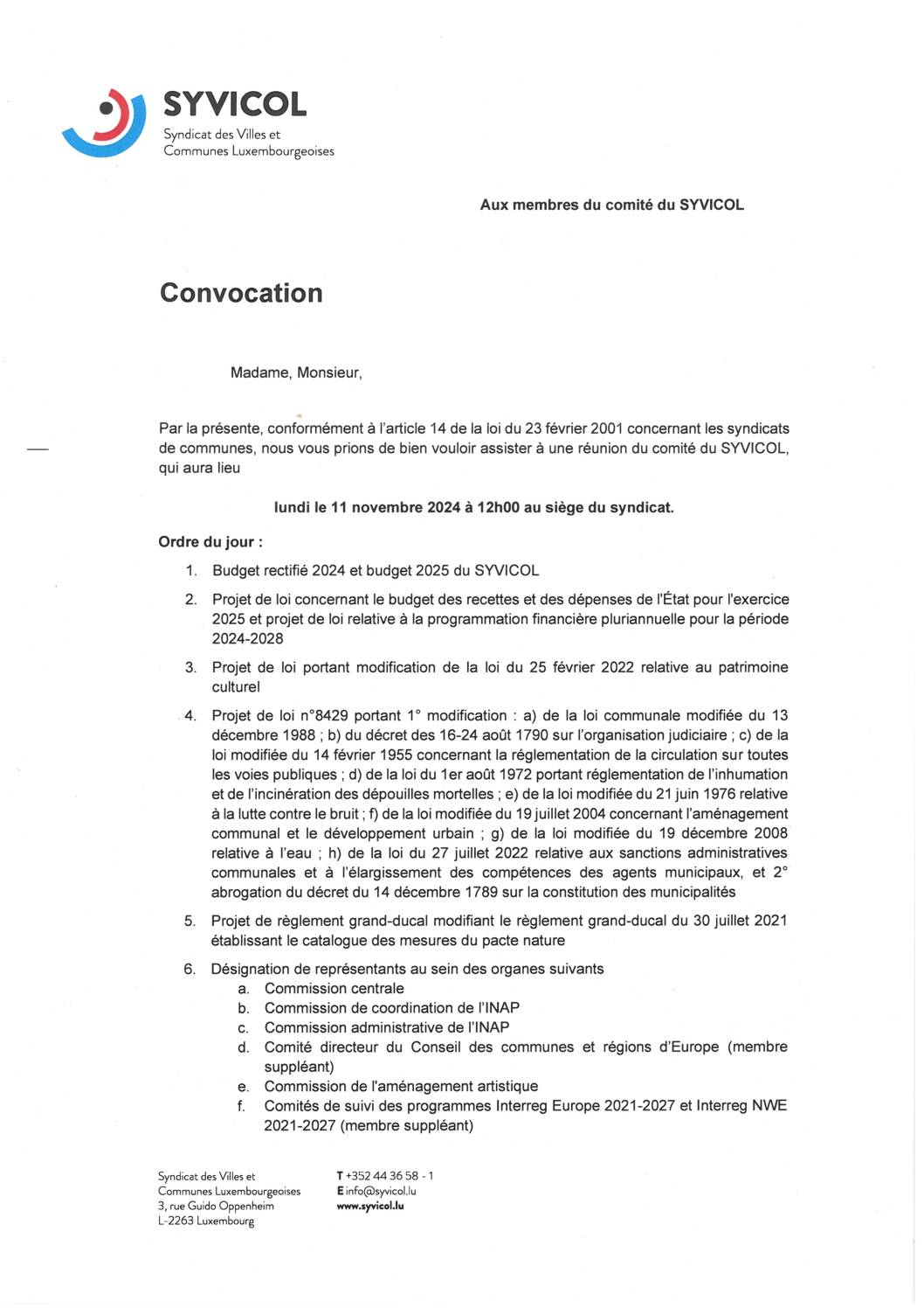 2024.10.30_Convocation comité SYVICOL - Réunion du 11.11.2024