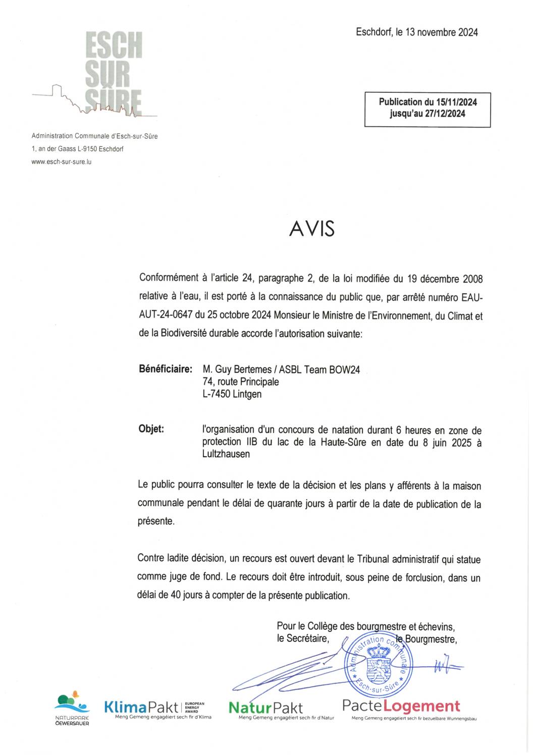 2024.11.15_Autorisation concernant l'organisation d'un concours de natation durant 6 heures en zone de protection IIB du lac de la Haute-Sûre en date du 8 juin 2025 à Lultzhausen