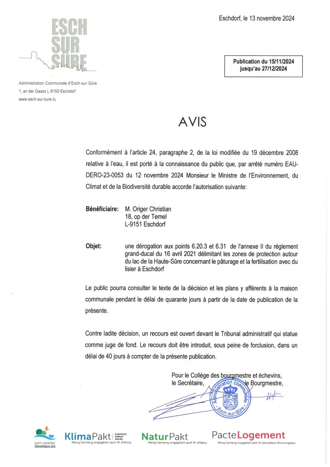 2024.11.15_Autorisation concernant une dérogation aux points 6.20.3 et 6.31 de l'annexe II du RGD (16 avril 2021) délimitant les zones de protection autour du lac de la Haute-Sûre