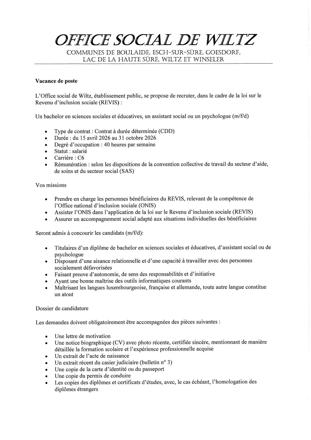2026.01.14_Vacance de poste bachelor en sciences sociales et éducatives, un assistant social ou un psychologue - Office social de Wiltz