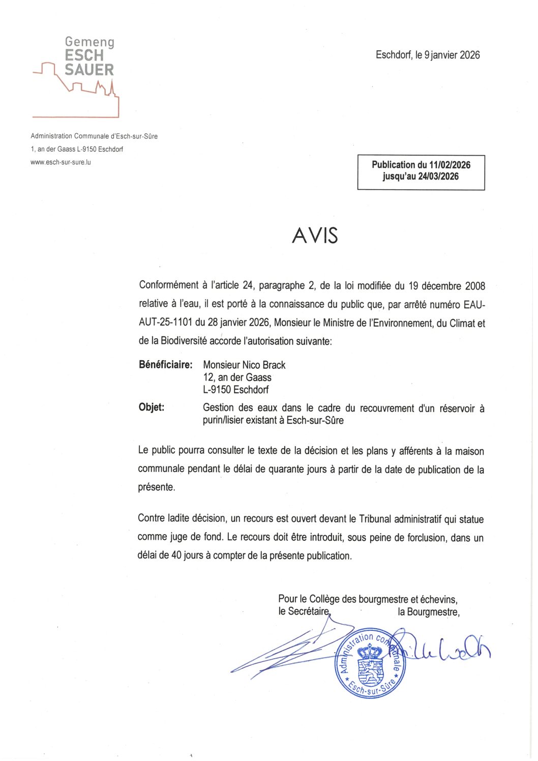 2026.02.11_Autorisation concernant la gestion des eaux dans le cadre du recouvrement d'un réservoir à purin,lisier existant à Esch-sur-Sûre