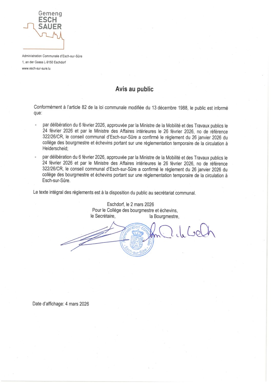 2026.03.04_Avis - Confirmation des règlements de circulation du 26.01.2026 du collège des bourgmestre et échevins