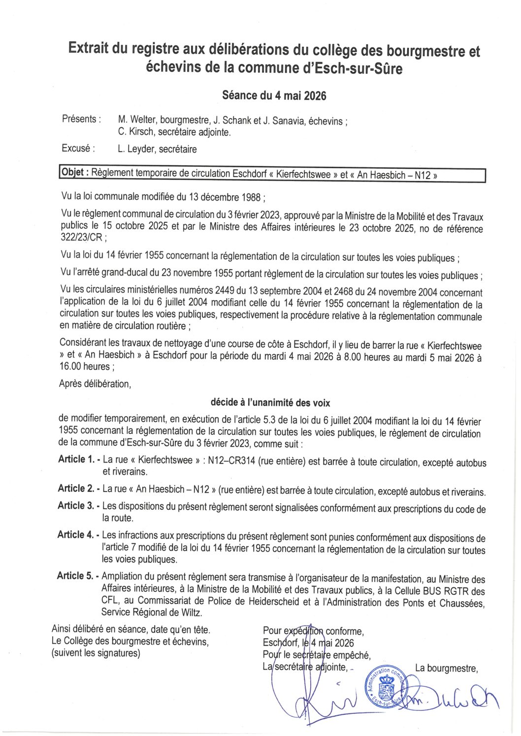 2026.05.04_Règlement temporaire de circulation à Eschdorf (Kierfechtswee et An Haesbich - N12) du 04.05.2026 au 05.05.2026