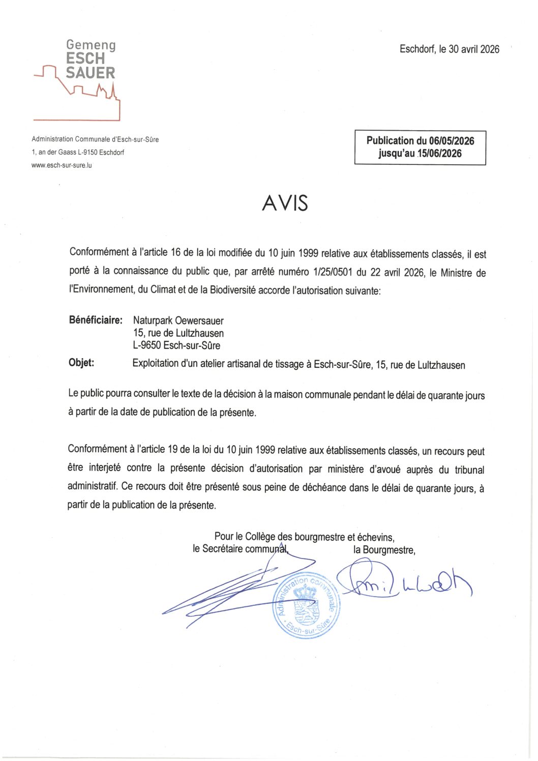2026.05.6_Autorisation concernant l'exploitation d'un atelier artisanal de tissage à Esch-sur-Sûre (15, rue de Lultzhausen)