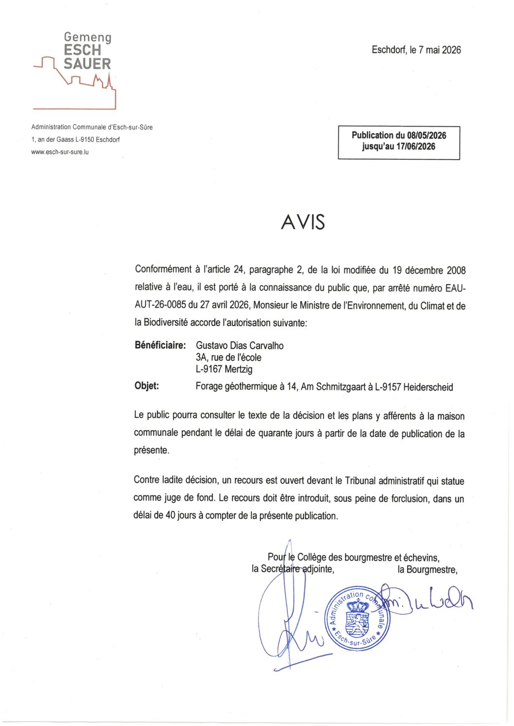 2026.05.08_Autorisation concernant le forage géothermique (14, am Schmitzgaart, L-9157 Heiderscheid)