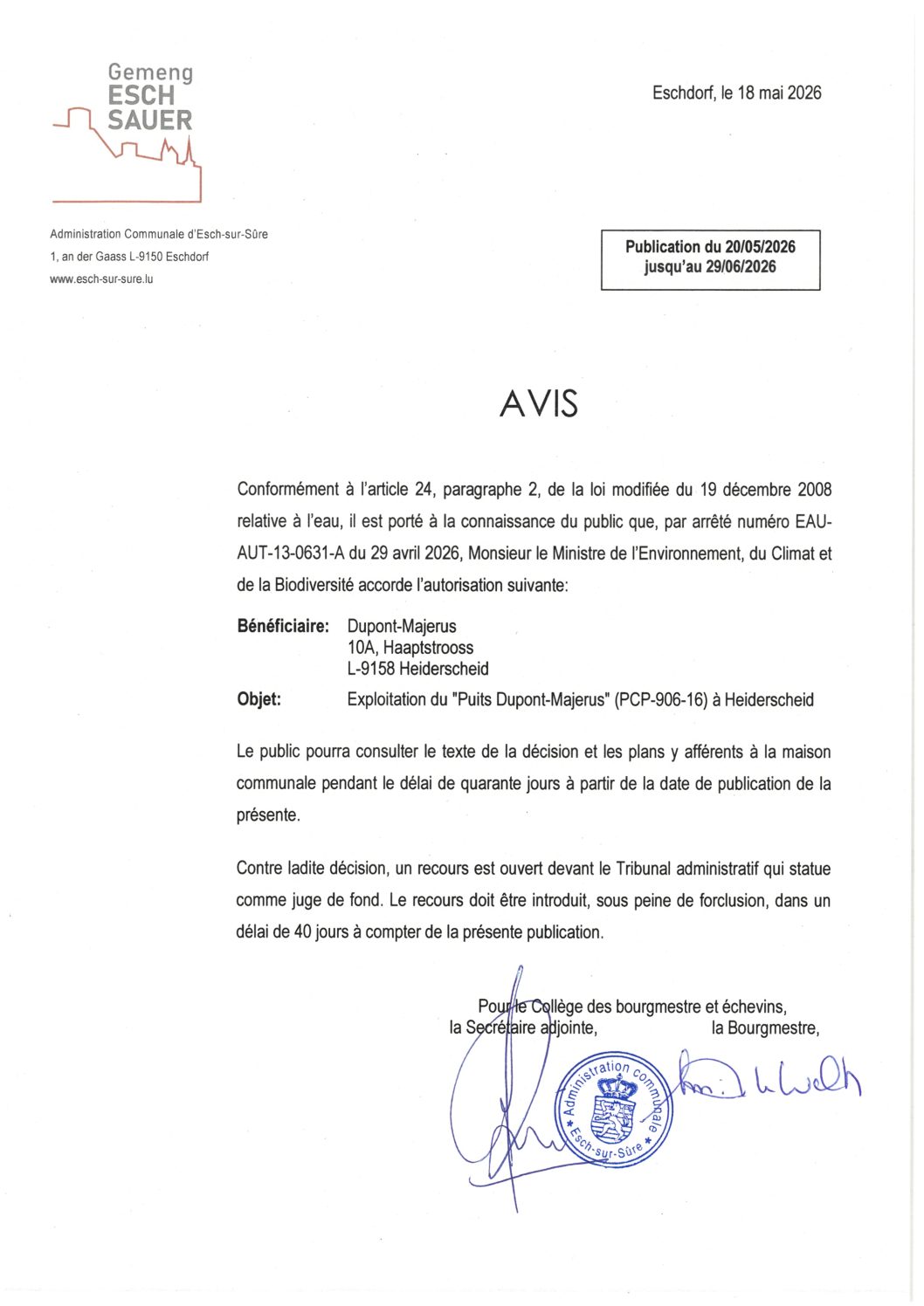 2026.05.20_Autorisation concernant l'exploitation du Puits Dupont-Majerus à Heiderscheid