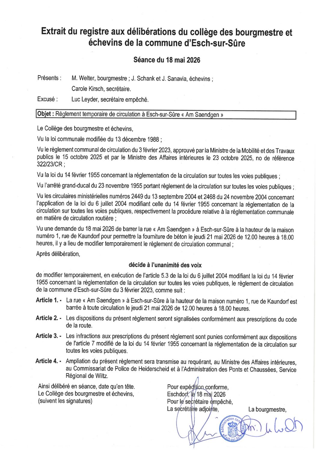 2026.05.20_Règlement temporaire de circulation à Esch-sur-Sûre (Am Saendgen) en date du 21.05.2026