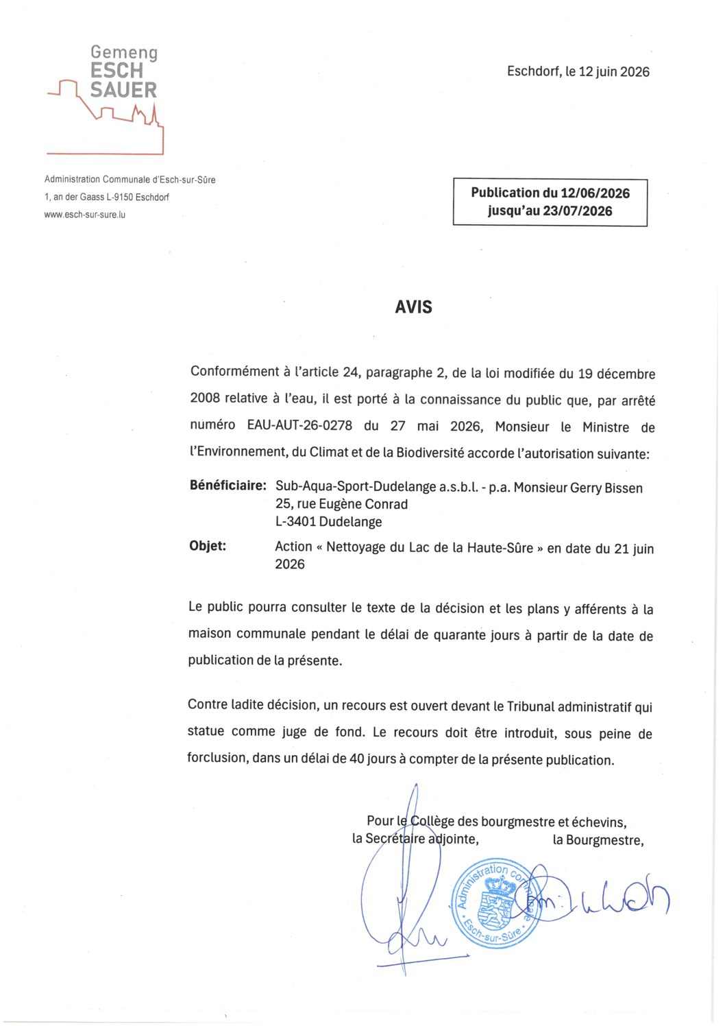 2026.06.12_Autorisation concernant l'action Nettoyage du Lac de la Haute-Sûre en date du 21.06.2026