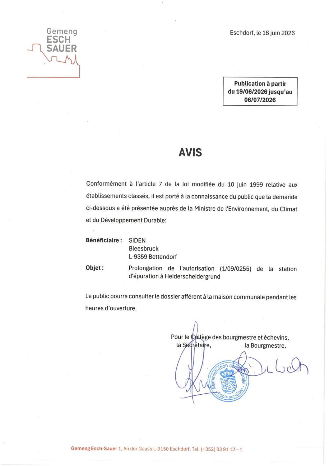 2026.06.19_Demande concernant la prolongation de l'autorisation de la station d'épuration à Heiderscheidergrund