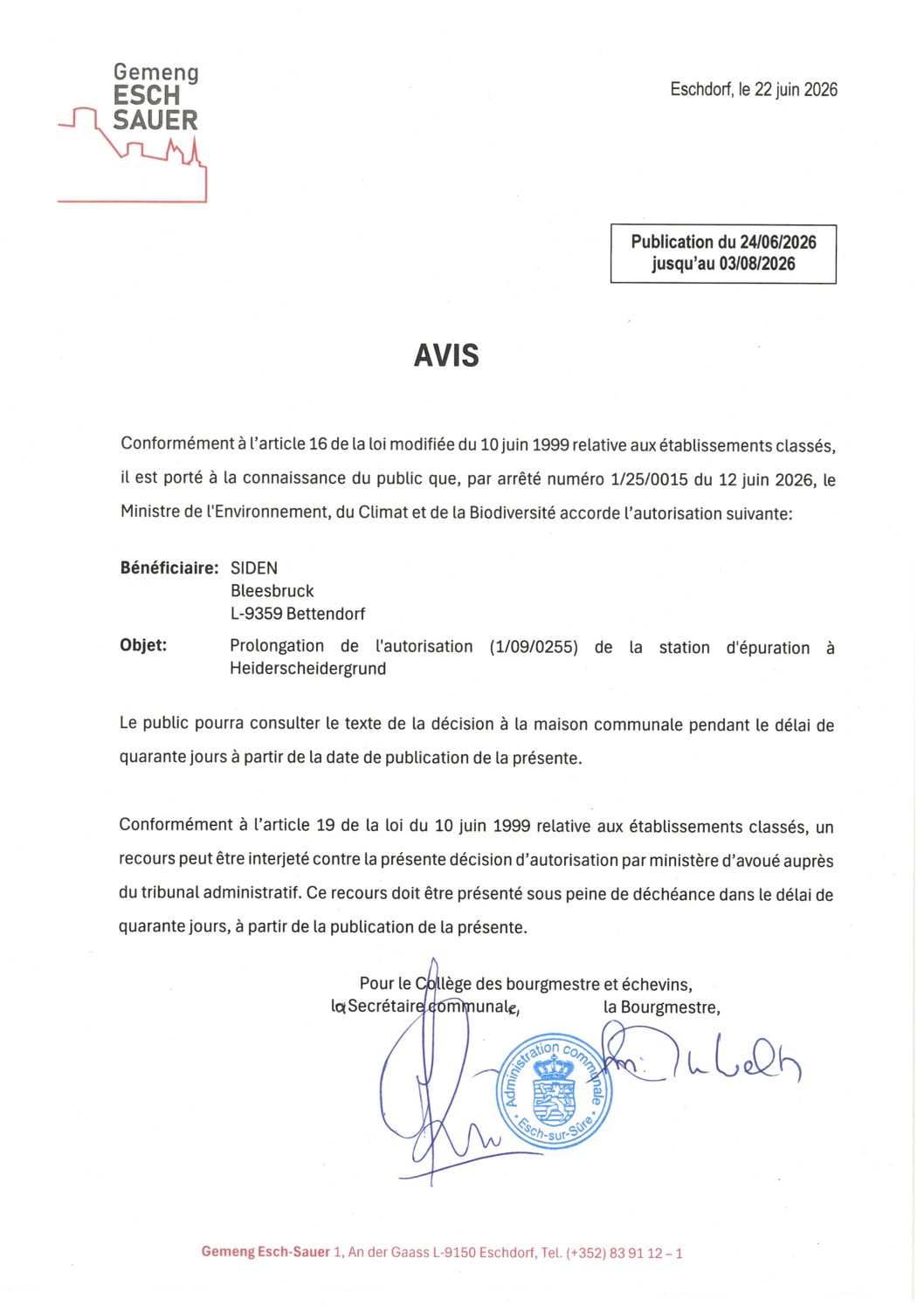 2026.06.24_Autorisation concernant la prolongation de l'autorisation N°1-09-0255 de la station d'épuration à Heiderscheidergrund
