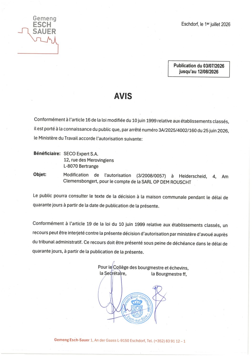 2026.07.03_Autorisation concernant la modification de l'autorisation n°3-2008-0057 à Heiderscheid, 4, am Clemensbongert, pour le compte de la SARL op dem Rouscht