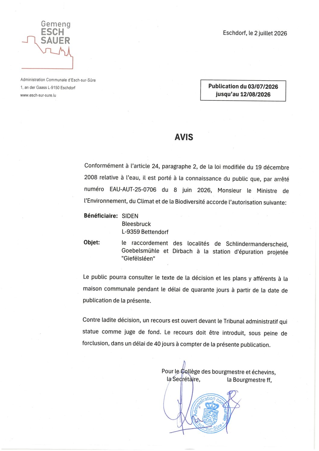 2026.07.03_Autorisation concernant le raccordement des localités de Schlindermanderscheid, Goebelsmuehle et Dirbach à la station d'épuration projetée Giefëlsléen