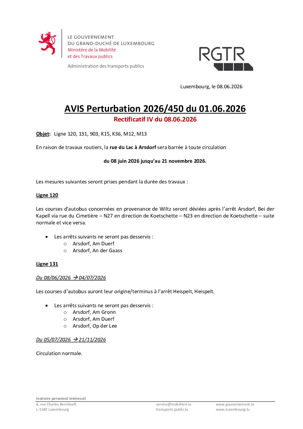 08.06.2026 – Perturbation 2026/450 – Lignes 120, 131, 903, K15, K36, M12 et M13 (travaux routiers dans la rue du Lac à Arsdorf du 08.06 au 21.11.2026)