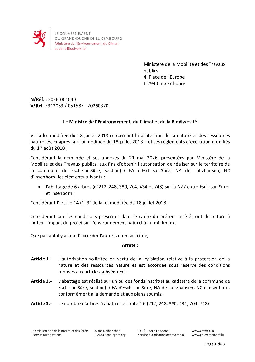 2026.06.24_Autorisation pour l'abattage de 6 arbres sur la N27 entre Esch-sur-Sûre et Insenborn