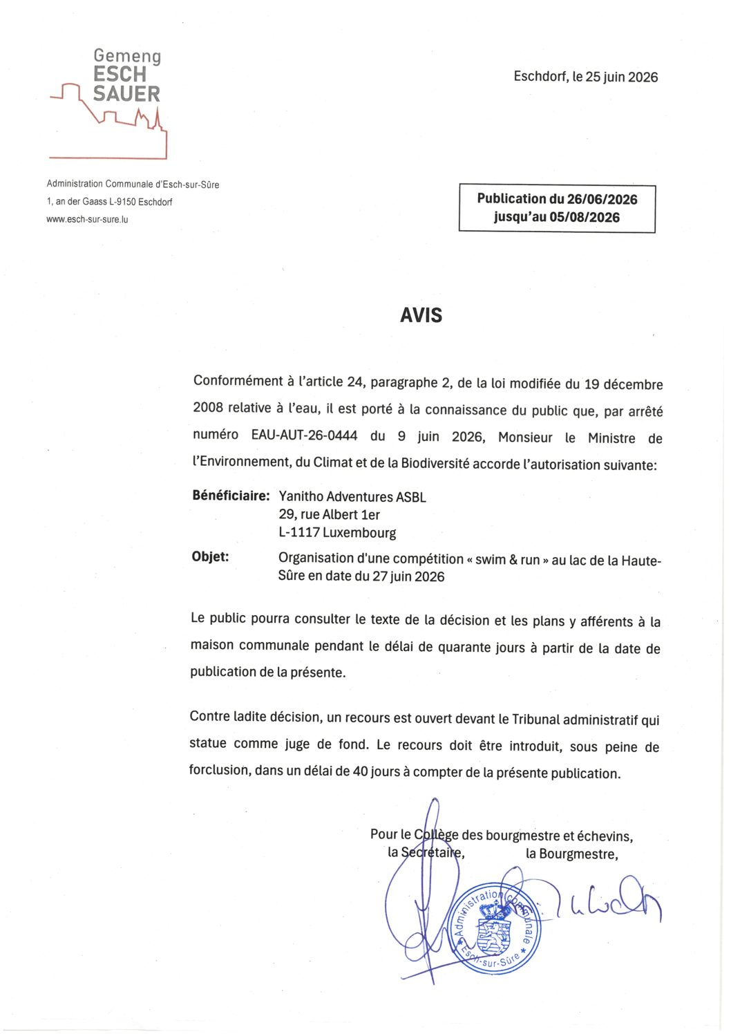 2026.06.26_Autorisation concernant l'organisation d'une compétition swim & run au lac de la Haute-Sûre en date du 27 juin 2026