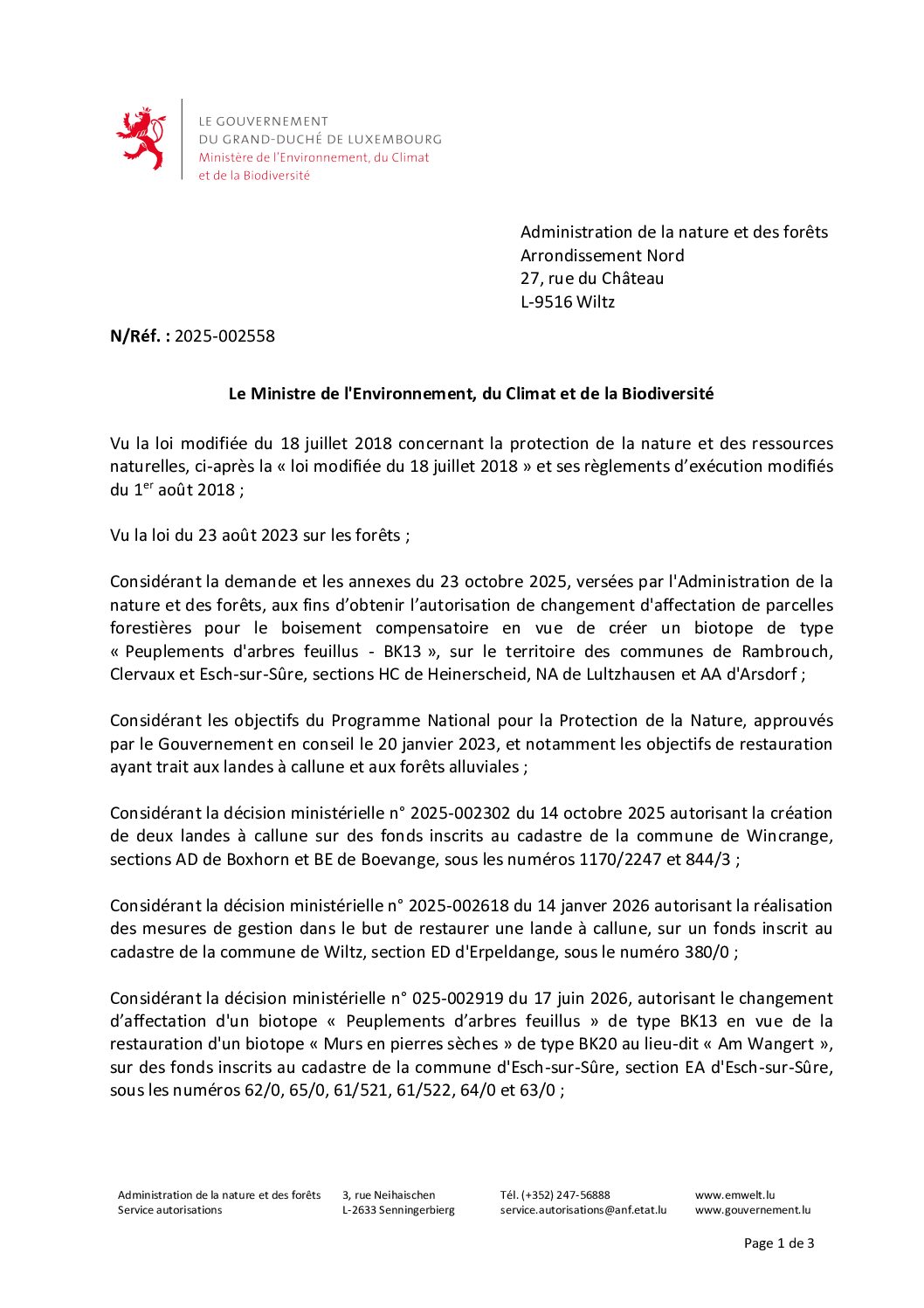 2026.06.26_Autorisation pour le changement d'affectation de parcelles forestières pour le boisement compensatoire