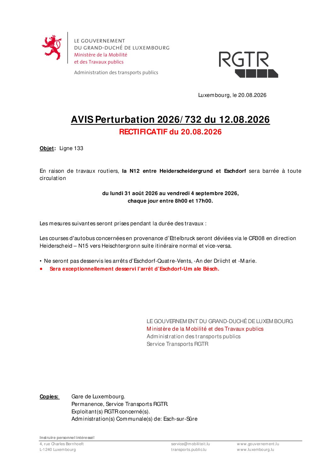 20.08.2026 - RECTIFICATIF Avis Perturbation 20267/732 - Ligne 133 (N12 entre Heiderscheidergrund et Eschdorf  du 31.08. au 04.09.2026)