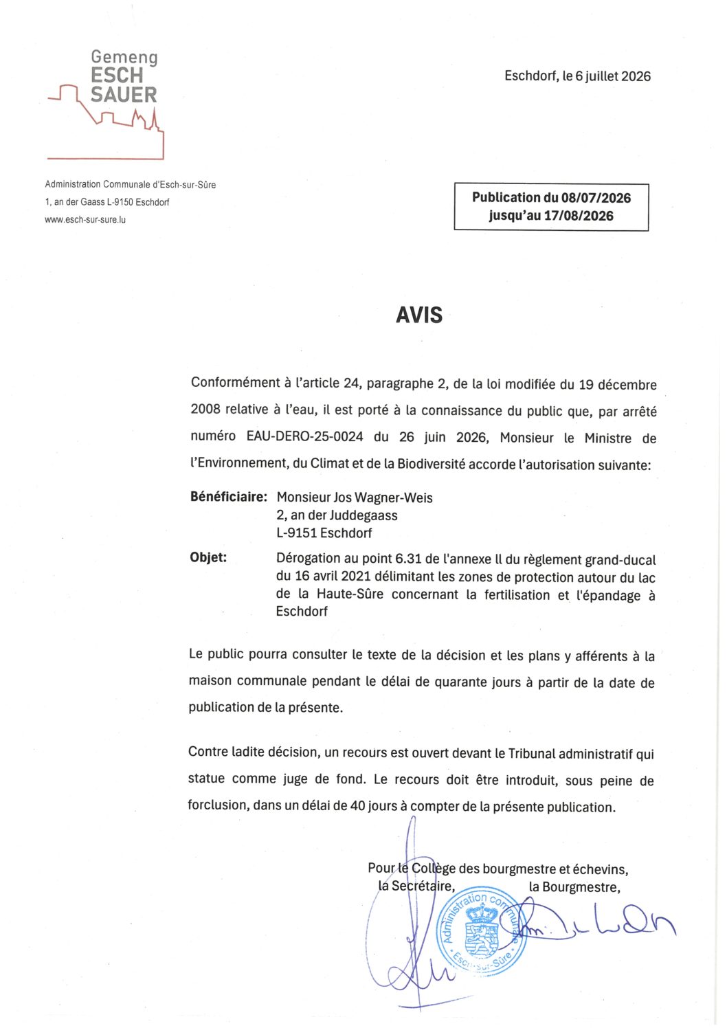 2026.07.08_Autorisation concernant la dérogation au point 6.31 de l'annexe II du RGD du 16.04.2021